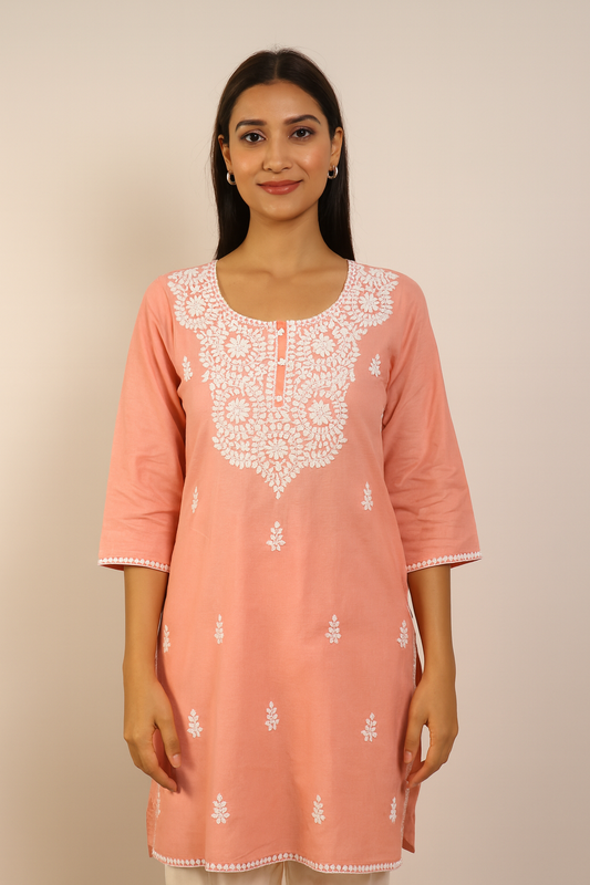 Peach Embroidered Cotton Kurti Set (Kurti, Pant & Dupatta)